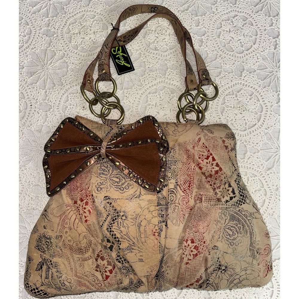 NWT Sharif Studio Shoulder Bag Purse Y2K Suede Croc Accent Bow Boho Brass Ring